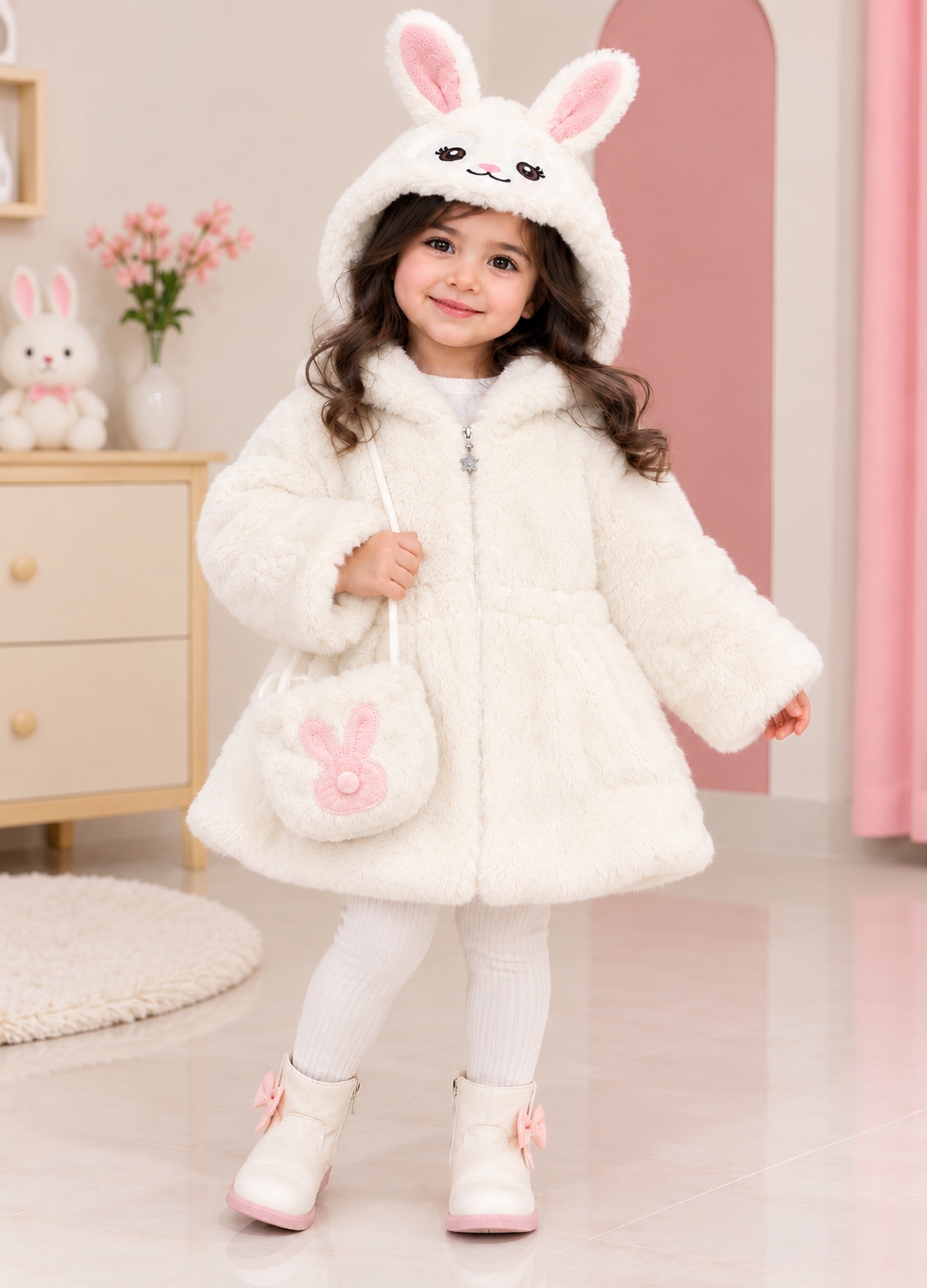 White Rabbit Fur Jacket With Bag - FJ-11