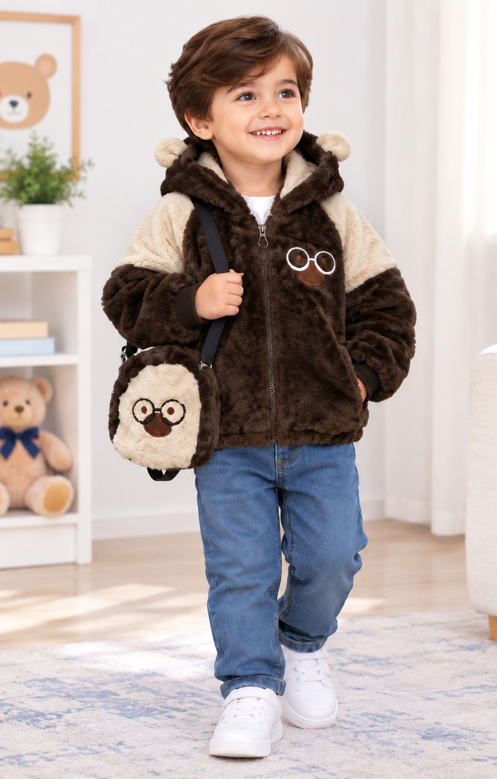 Brown Cartoon Fur Jacket With Bag - FJ-07