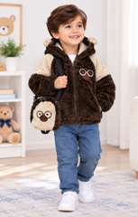Brown Cartoon Fur Jacket With Bag - FJ-07