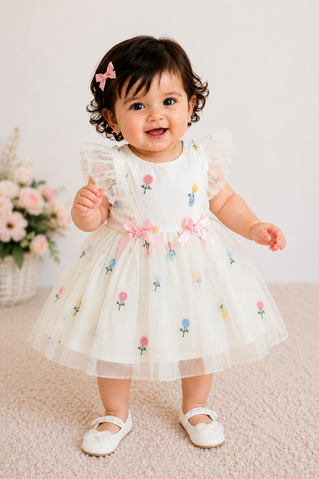 White Embroidered Floral Frock - FG-24