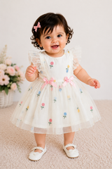 White Embroidered Floral Frock - FG-24