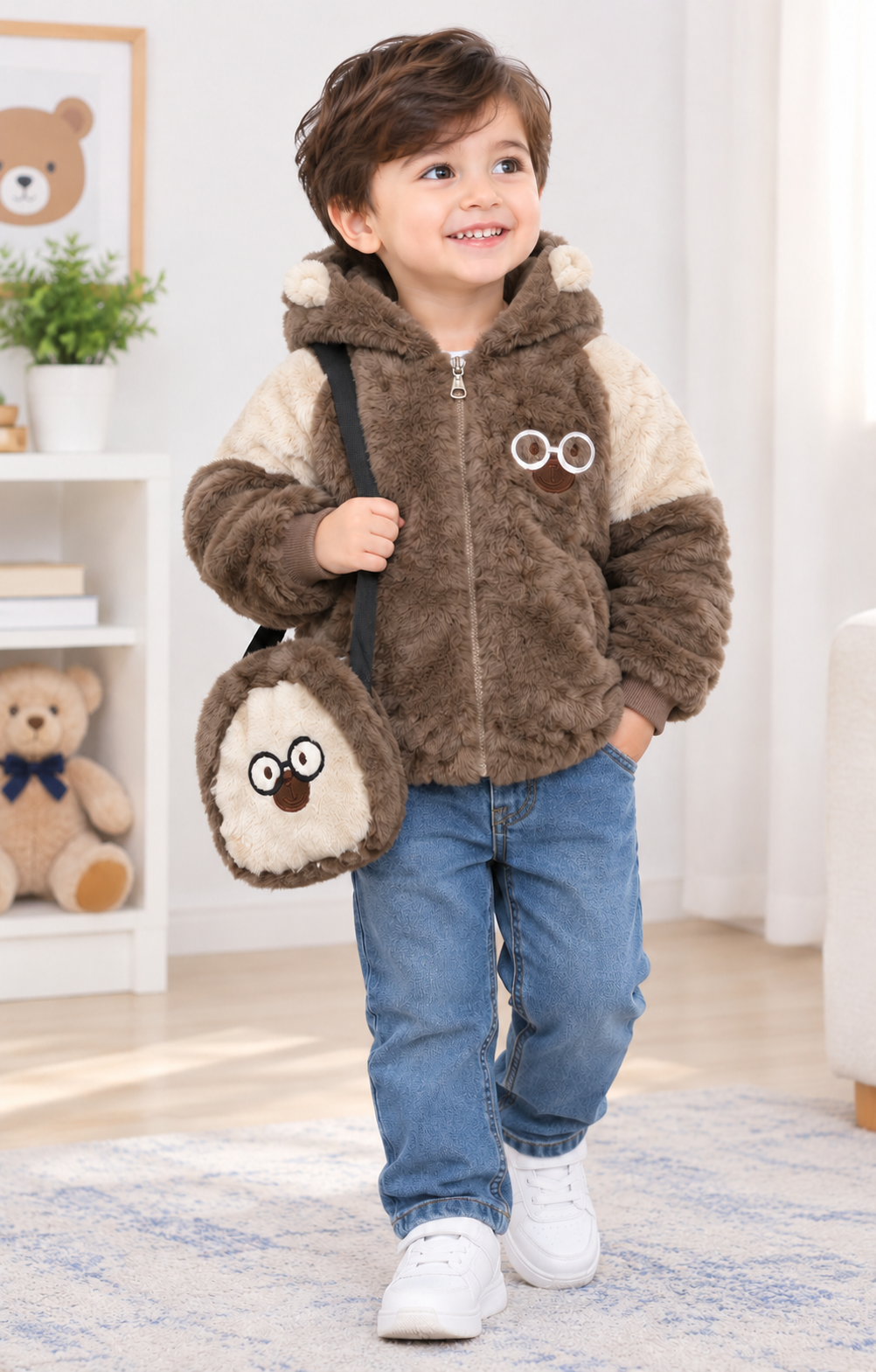 Brown Cartoon Fur Jacket With Bag - FJ-09