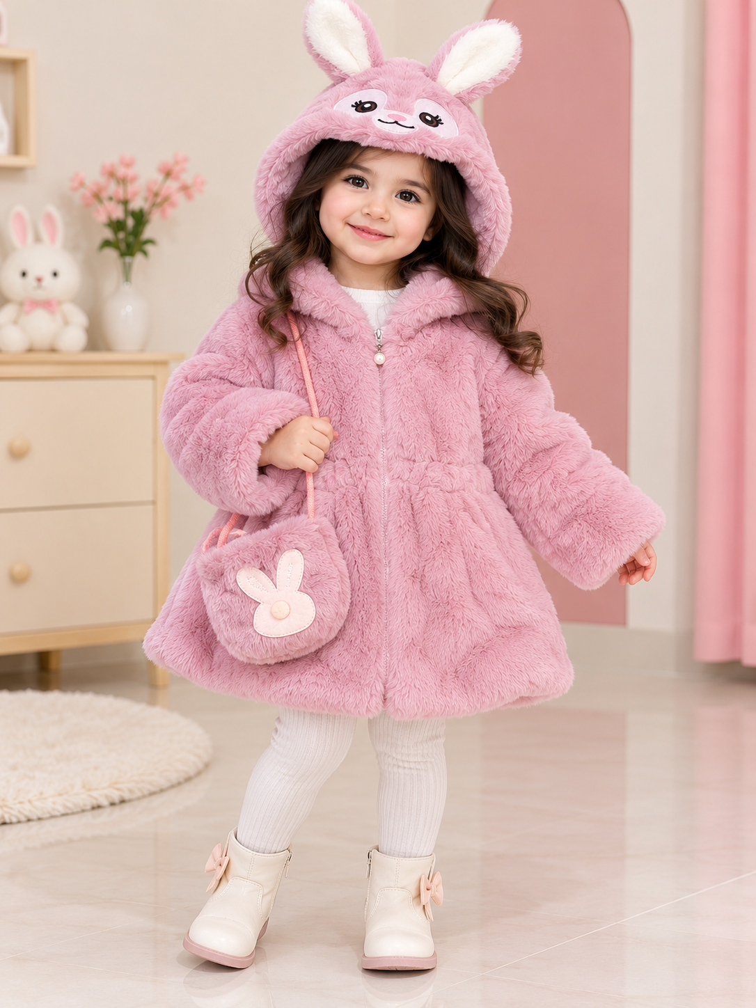 Rabbit Pink Fur Jacket with Bag - FJ-04