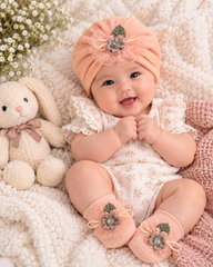 Peach Flora Turban Cap Set - HB-19