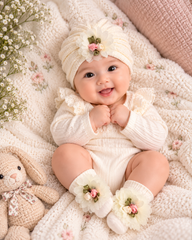 Cream Floral Turban Set - HB-17