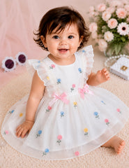 White Embroidered Floral Frock - FG-24
