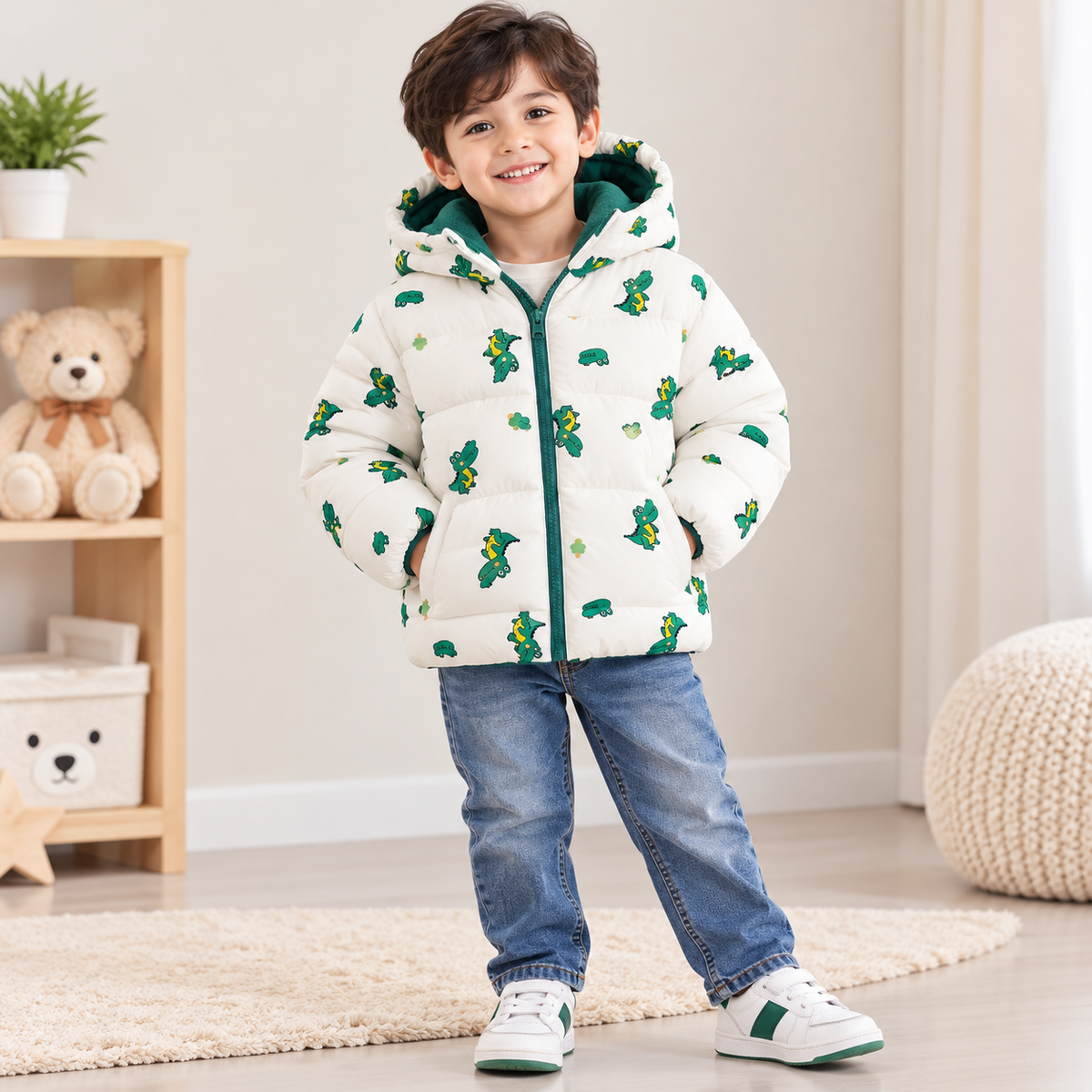 White Dinosaur Puffer Jacket - PB-04